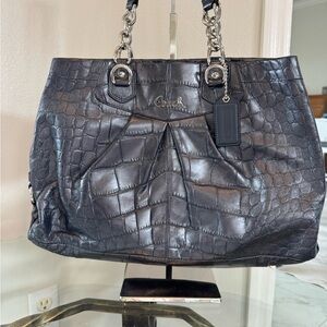 COACH VINTAGE Ashley Croc Embossed Metallic Blue Leather Carryall Tote NWOT.